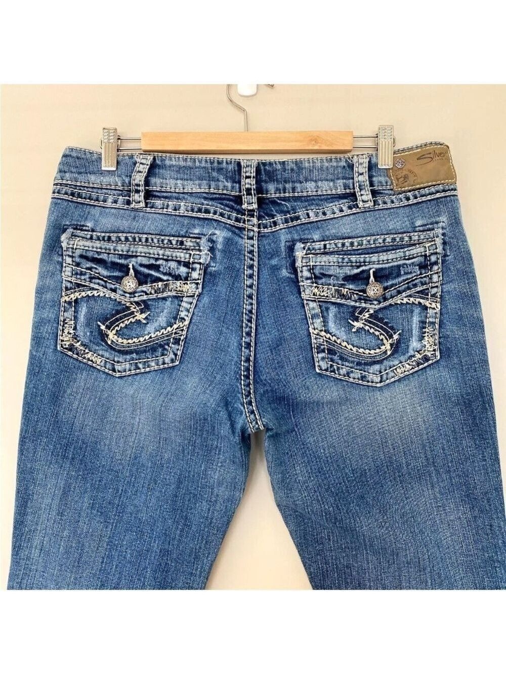 Silver Suki Mid Baby Boot Jeans Faux Flap Pocket Women's 34x33 Thick Stitching